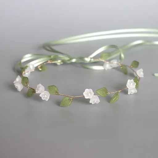 Lily of The Valley Floral Headband Golden Ribbon Design for Brides and Teens