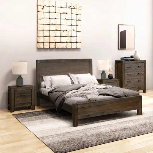 4 Pieces Bedroom Suite in Solid Wood Veneered Acacia Construction Timber Slat King Size Chocolate Colour Bed, Bedside Table & Tallboy