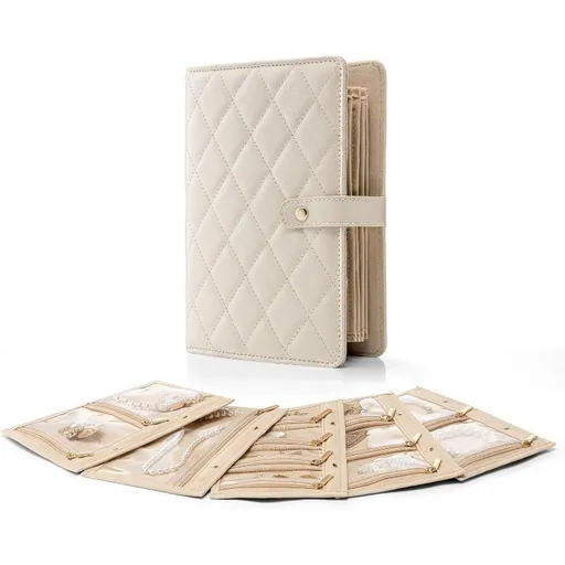 1 Piece Beige Luxury Leather Loose-Leaf Jewelry Organizer - Portable Large-Capacity Storage Book for Earrings and Necklaces(Jewellery is a shooting prop and is not included)