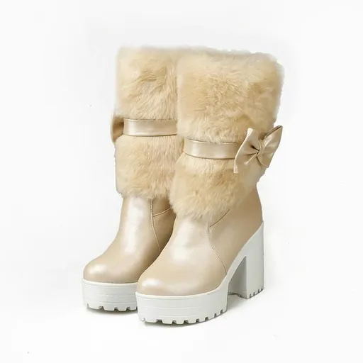 House Of Dasein Furry Pink Bow Boots - Beige - 10