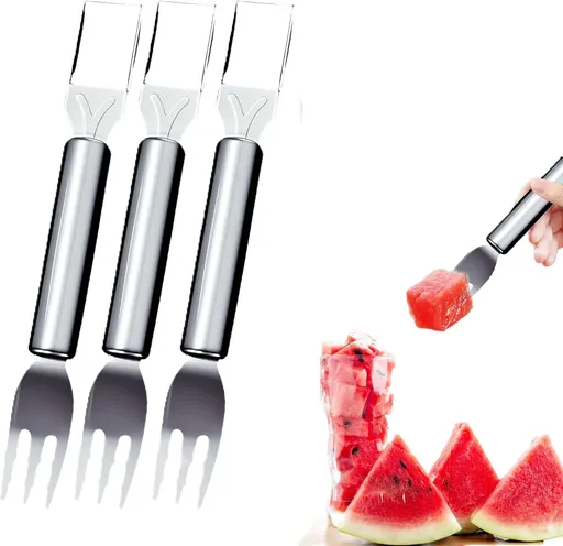 2026 New 2-in-1 Stainless Steel Fruit Cutter, Watermelon Fork Slicer Cutter, Dual Head Fruit Cutter & Fork, Portable Fruit Tool for Home Kitchen, Camping, Picnics (3PCS)