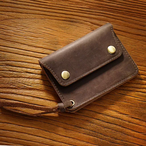 Coffee Handmade Crazy Horse Leather Wallet Vintage Coin Purse Zipper Card Holder with Strap Snap Closure Top Layer Cowhide 12cm