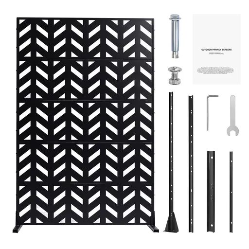 Metal Privacy Screen, 47" W x 72" H, Outdoor Privacy Screens 5-Panel, Freestanding Outdoor Divider with Stand, Decorative Garden Steel Privacy Fence for Balcony Patio Indoor Room Black