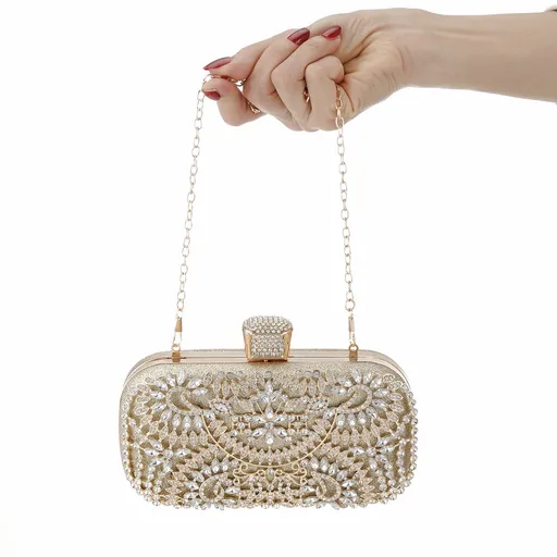 Womens Rhinestone Evening Clutch Bag Sparkly Gold Tone Magnetic Snap Closure Detachable Chain