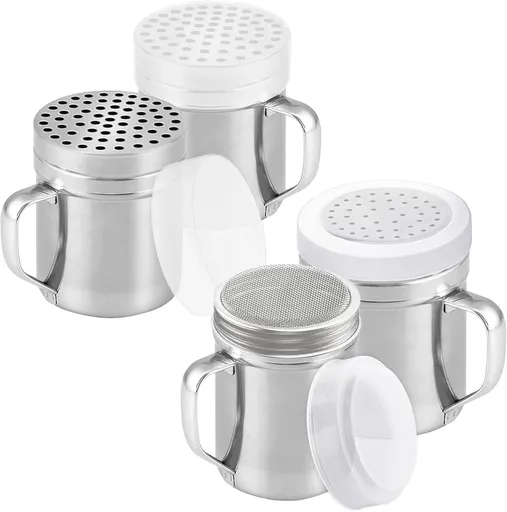 6 oz Powdered Sugar Shaker + 10 oz Salt Pepper Dredge + [2-pcs] Metal Parmesan Cheese Shakers (Large Holes) - All with Plastic Caps and Handles Bundle