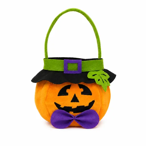 Pumpkin design wearing a hat - Plush Halloween Trick or Treat Candy Bag - Polyester Tote with Embroidered Face, Lightweight Portable Goody Pouch for Party Favors and Trick or Treating