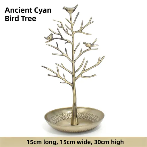 Ancient Cyan Detachable Alloy Jewelry Stand Deco with Bird-Tree Shaped Branches and Thickened Lotus Base Tray for Earrings, Chain Necklaces, Bracelets and Rings Storage