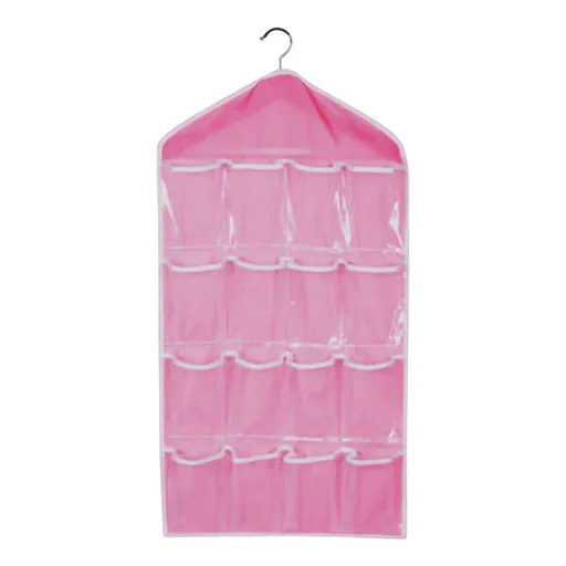 Pink 16 Pocket Hanging Wardrobe Organizer Transparent Storage Bag for Clothes Underwear Socks and Accessories