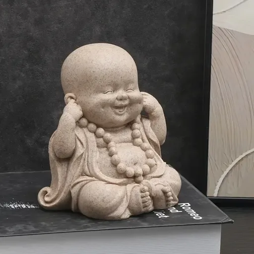 Zen Monk Resin Figurine, 3 poses hear-see-speak no evil, sandstone texture, serene smiling Buddha, perfect for tea pet, desk, car, indoor & garden decor, uplifting & healing.&Don't listen to the little monk