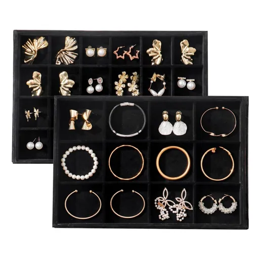 Large Velvet Jewelry Tray Display Drawer Inserts 2 Pack Stackable Jewelry Organizer for Earring Bracelet Necklace Ring 12 Grids+24 Grids - Black - Size 12 Grids+24 Grids