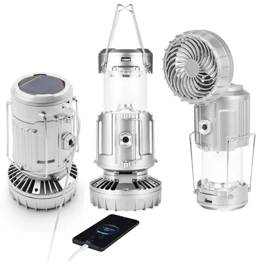 Camping Lantern with Fan, Flashlight Lantern Collapsible-USB Rechargeable, Solar & Battery Powered Camping Lampp for Picnic, Barbecue, Fishing, Travel Rechargeable Emergency Light - Silver - Size 7in