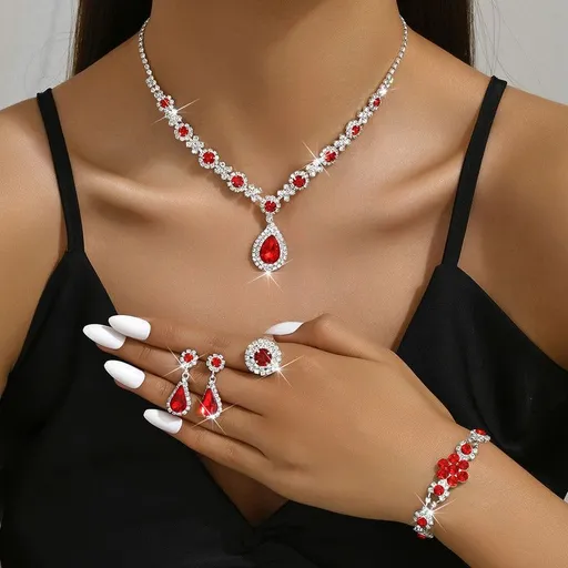 High-end Colored Gemstone Teardrop Jewelry 4-Piece Set, Women's Accessory Set, Wedding and Evening Accessories - Red