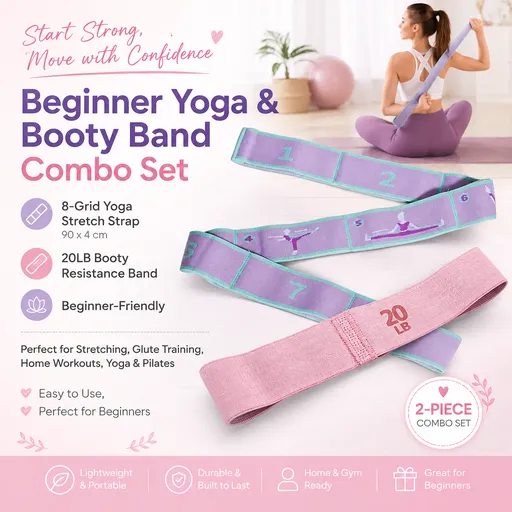 8 Grid Yoga Stretching Strap and 20LB Resistance Band Set for Pilates Workout Adjustable Stretch Band with Numbered Positions Glute Training Exercise Band Fitness Equipment for Yoga Dance Flexibility Training
