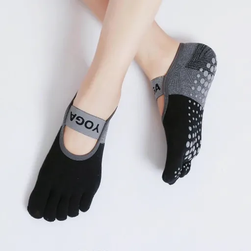 Women's Five Finger Toe Socks Non Slip Yoga Grip Socks Pilates Fitness Dance Sports Socks - Black