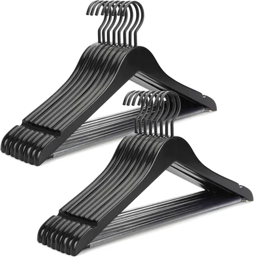 TOPIA HANGER Premium Wooden Hangers, Luxury Boutique Wood Hangers with Extra Thick Hook and Non Slip Pants Bar, Heavy Duty Coat Hanger with Notches 16 Pack, Black -CT01B