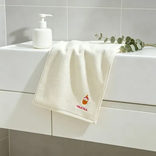 Soft Cotton Face Towel with Milk Tea Embroidery, Absorbent Quick-Drying Hand Towel for Bathroom, Home, Gym & Daily Use, Cute Washcloth, White