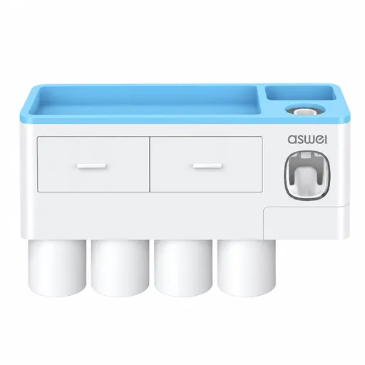 Blue Wall-Mounted Bathroom Organizer with 4 Magnetic Cups - Automatic Toothpaste Dispenser, No-Drill Wall Shelf for Families