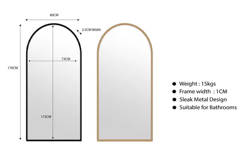 Metal Arch Mirror 80cm x 170cm - Gold