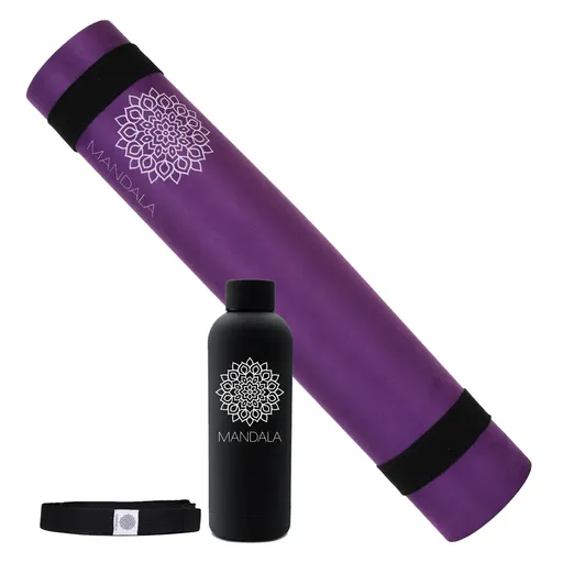 Mandala Yoga Mat Premium Bundle, Includes Yoga Mat 188cm H x 61cm W, Yoga Strap & Steel Hydration Bottle - Purple