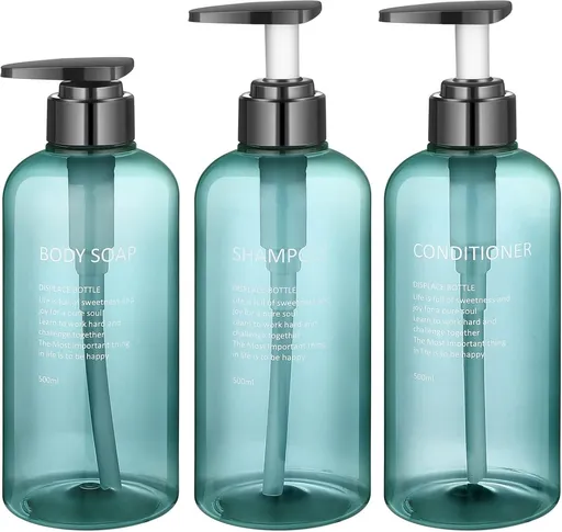 Soap dispenser - 3 pieces - Empty travel bottles - shampoo conditioner, shower gel dispenser - pump dispenser - empty bottles - 500 ml - blue - plastic - refillable - with labels - for travel and bathroom