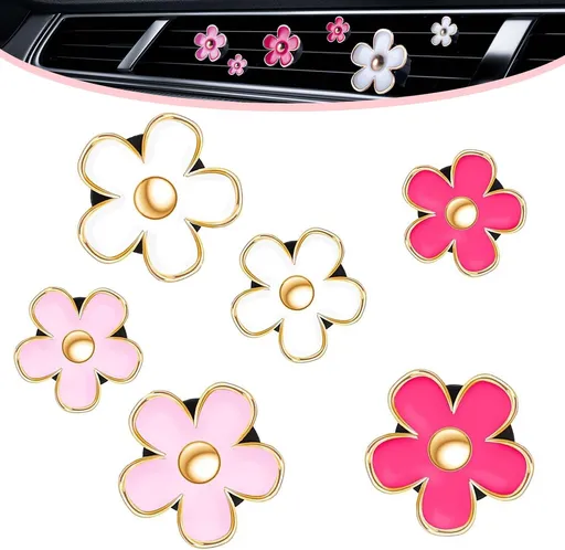 6 PCS Car Air Vent Clips Colorful Daisy Flower Car Air Freshener Clip Air Conditioning Outlet Clip for Car Interior Decoration Accessories (2 Size, White, Pink, Red)