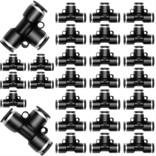 28 Pieces 1/4 Push to Connect Pneumatic Tee Union Fittings, Plastic T Shaped Quick Connect Air Hose Fittings for Air Line, Black 1/4 Inch OD
