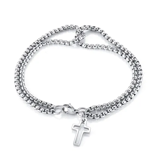 Double Strand Rolo Chain Bracelet with Cross Charm Stainless Steel Cross Dangle Pendant Cable Chain Link Bracelet for Men Women