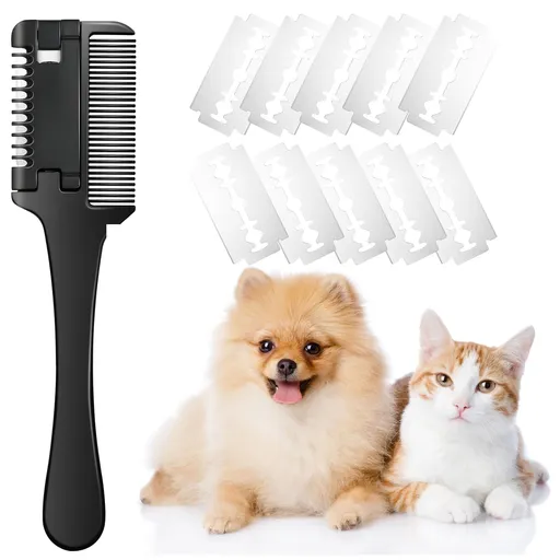 Razor Comb for Dogs Cats with 10 Pcs Extra Blades, Pet Razor Comb 2 in 1 | Trimming & Grooming, Dog Cat Brush that Cuts Hair