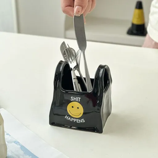 Black Ceramic Mini Tote Bag Pen Holder - Creative Desktop Storage Organizer for Makeup Brushes, Remote Controls and Stationery, Cute Smiley Decorative Container