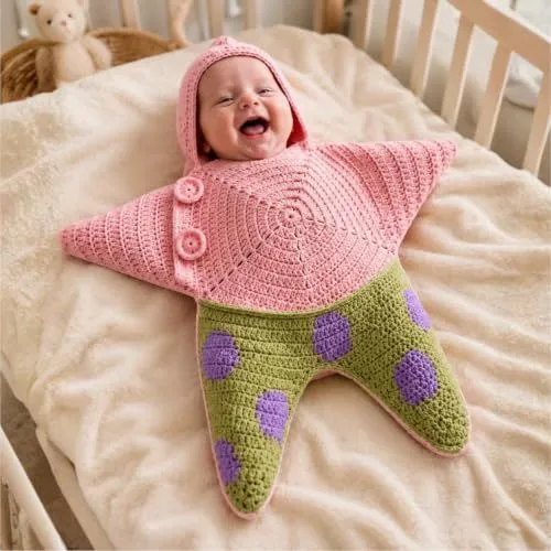 Baby Starfish Onesie Wearable Blanket Fleece Knit Swaddles For Newborns Cute Snowman Design Baby Onesie,Soft Fleece Fabric,Crochet Santa Starfish Costume,Ideal for Christmas,Holiday Parties - Pink-Green - Size 80cm