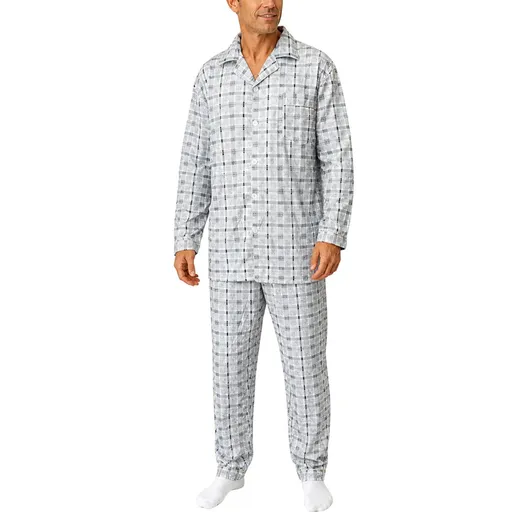 Mens Cotton Pyjama Set Long Sleeve Button Shirt Pants Sleepwear PJs - White/Blue
