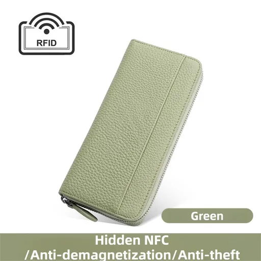 Green Genuine Leather Women's Long Wallet with RFID Blocking & Hidden NFC - Large Capacity Phone Purse with 180° Zipper Closure, 18 Card Slots, Coin/Cash Pockets and for Daily Travel Use
