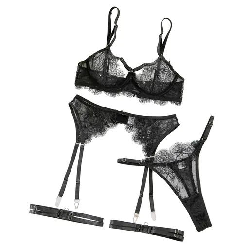 House Of Dasein Cross-Border Sexy Lingerie Temptation Set Seductive French Eyelash Lace Hollow-Out Bra Garter Belt Four-Piece - S