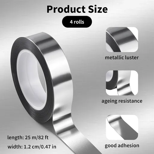 4 Rolls/110 Yard Metallic Mirror Tape - Silver 1/2'' Decorative Tapes - Self Adhesive Polyester Film Decor Tapes - DIY Graphic Art Tape - Wall Decor TV Frame Crafts Gift Box Wrapping