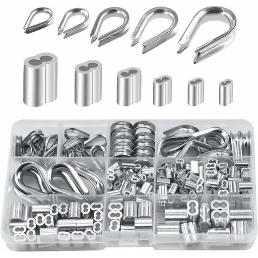 250 pcs 6 Sizes Aluminum Wire ROpe Thimbles Assortment Double Barrel Sleeves & 5 Size Thimbles For Wire ROpe