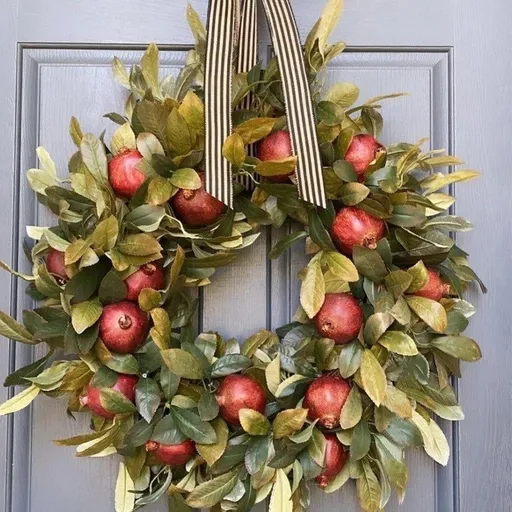 Front Door Round Wooden Fall Wreath with Brown Magnolia Leaves and Small Pomegranate Fruits leaves for Farmhouse porch wall Holiday Home Decoration,18in