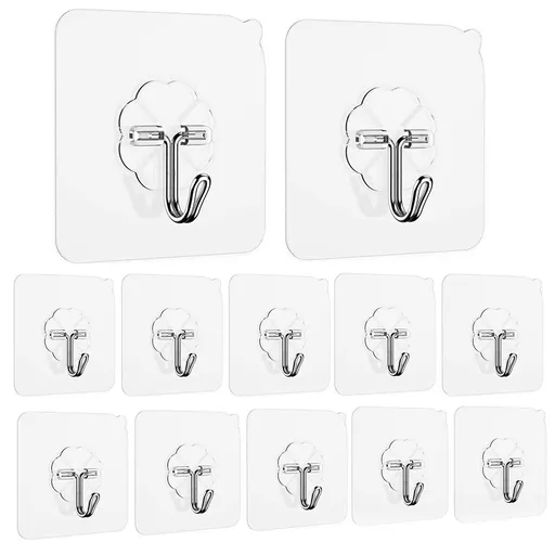 12 PCS Adhesive Hooks Utility Hooks Heavy Duty Coat Hooks Waterproof and Oilproof Seamless Hooks, Reusable Wall Hook for