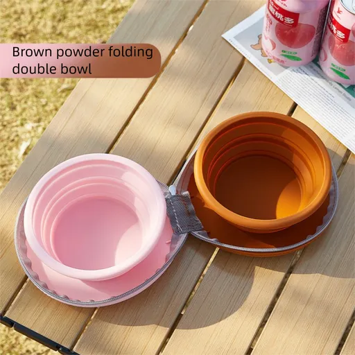 Brown and pink Portable Foldable Dual Bowl for Pets – Silicone Feeding and Water Dish with Compact Storage Design