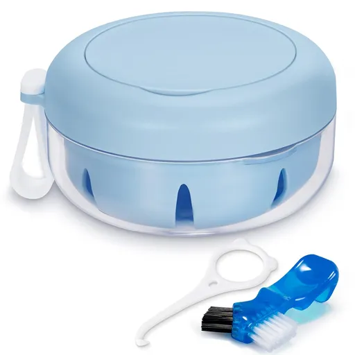 Leak Proof Denture Cup Kit Portable Retainer Case Perfect for Travel, Denture Case Container Cleaning Care for Dentures Aligner Mouth Guard with Denture Brush,Strainer, Removal Tool and Mirror