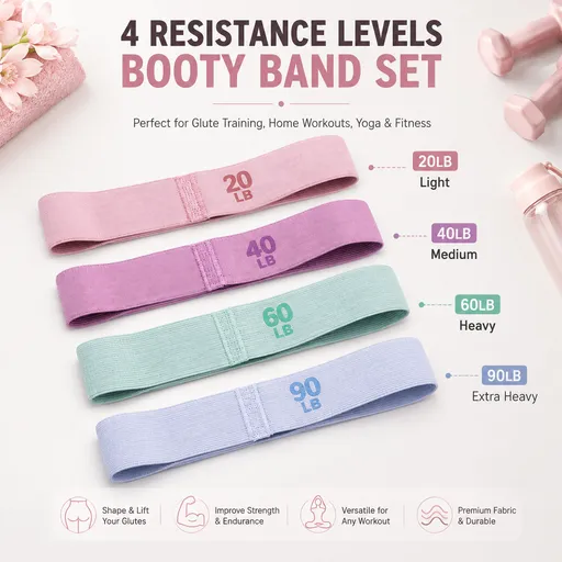 4 Level Resistance Booty Band Set Fabric Glute Bands for Women Hip Training Pilates Yoga Home Workout Lower Body Strength Exercise with 20LB 40LB 60LB 90LB Resistance Levels