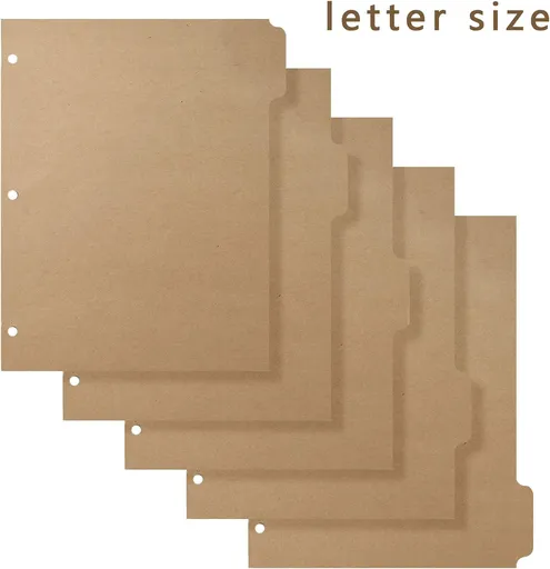 3 Ring Binder Dividers with 5-Tabs for Letter Size, 1/5 Cut, 3-Hole Punched, Blank Kraft Paper Index Dividers 8.5” x 11” for Extra Durable for College, Adults