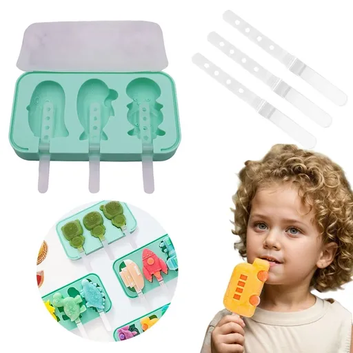 3-Cavity Silicone Ice Tray, Dinosaur & Car Shaped Ice Mold, Reusable BPA-Free Silicone with Lids & Sticks, DIY Ice Pops, Yogurt & Juice Treats, Fun Summer & Party Frozen Snacks, G