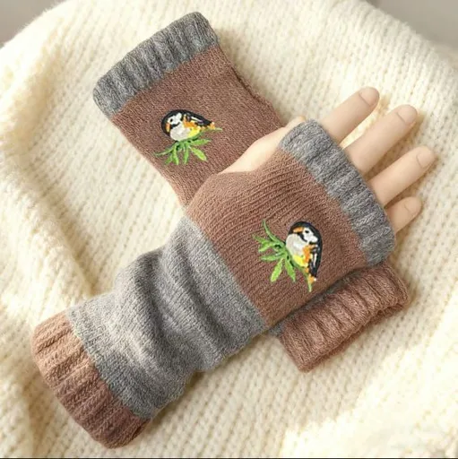 Fashion Spliced Warm Half Finger Knit Gloves Hand Palm Protection Work Companion 2 Pcs Bird Khaki Pattern Ideal Christmas Gift