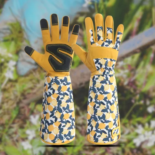 Thorn-Proof Long Sleeve Gardening Gloves – Anti-Slip, Wear-Resistant & Touchscreen Design, Extended Cuffs for Rose Thorns & Dry Branches, Flexible Five-Finger Polyester Fabric with Fresh Prints, Essential for Outdoor Work.(Yellow floret)