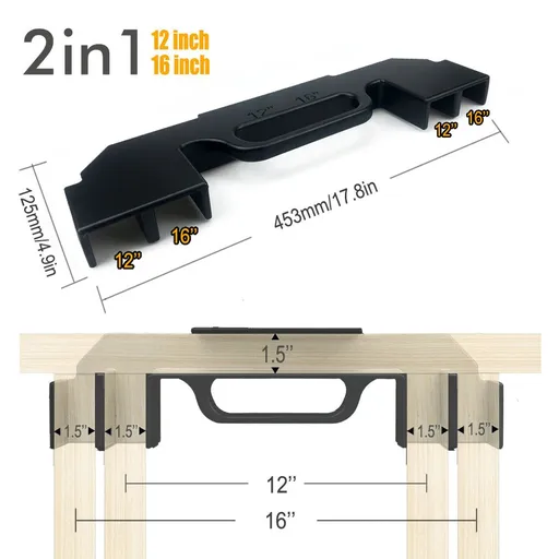 Woodworking Framing Spacer Tool with Bridge Design for Fast Stud Layout and Precise Spacing in Wall Framing, Deck Building, and DIY Carpentry Projects (2IN1, Black)