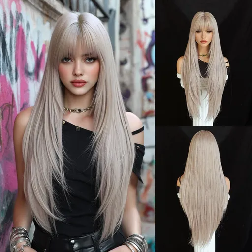 High-Density Synthetic Wig Heat-Resistant Wig Tea-Colored Wig Long Straight Wig - Foggy grey - pink - Size 85cm-33inch
