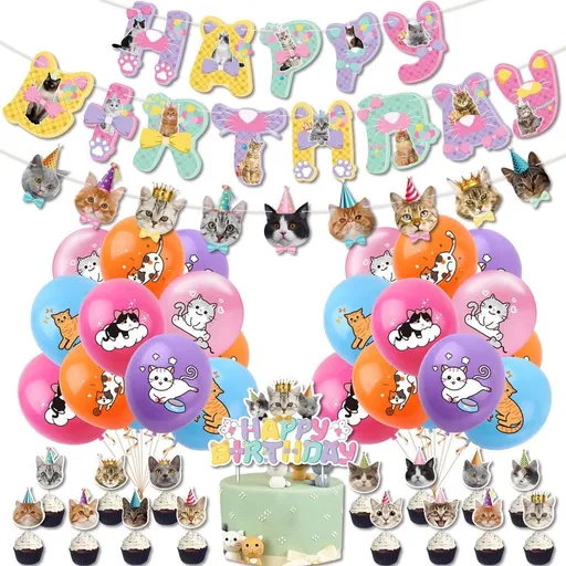 Cat Themed Birthday Party Decorations Kitten Balloons Cake Cupcake Toppers Banner for Cat Birthday Party Supplies