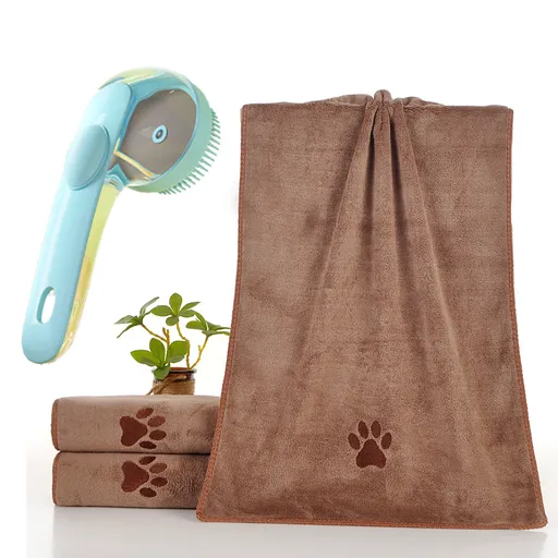 2-Piece Pet Cleaning Set - Blue Silicone Bath Brush with Liquid Dispenser and Brown 40*80cm Microfiber Drying Towel, Cleaning Leak-Proof Massage Scrubber for Dogs and Cats