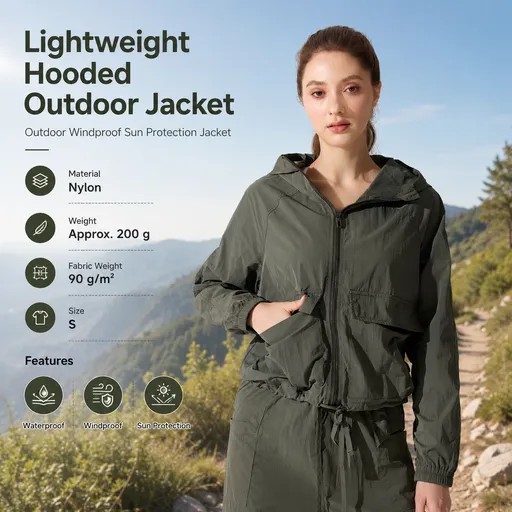 Green S Size Women's Lightweight Hooded Windbreaker Jacket - Nylon, Waterproof, Windproof, Sun Protection, Loose Fit for Hiking, Running, Yoga and Outdoor Activities