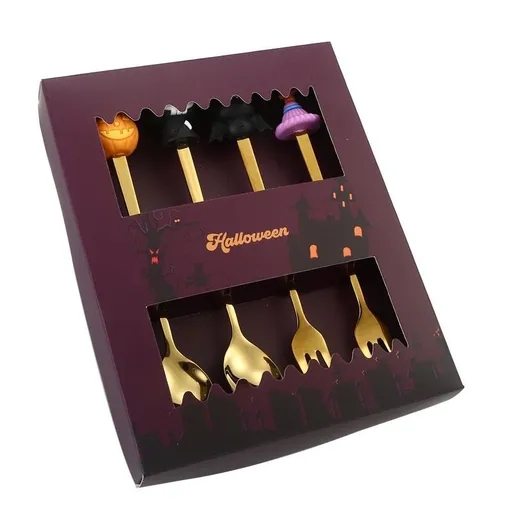 🎃 Halloween Cartoon Coffee Spoon Gift Box! Stainless Steel Pumpkin Ghost Stirring Spoon Dessert Fork, One-Piece Construction Easy to Clean, Exquisite Gift Box Packaging, Must-Have Creative Party Gift! ✨ (4-pcs GOLD)